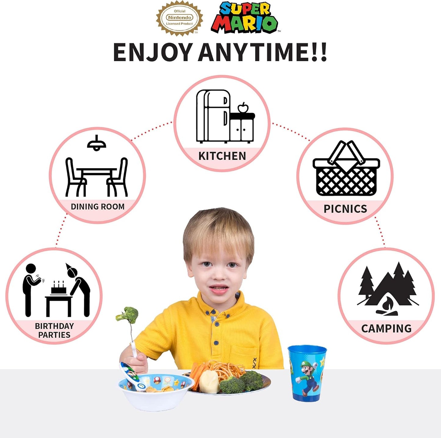 Super Mario Kids Dinnerware Set - Fun 5 Piece Mealtime Kitchen Set for Little Gamers