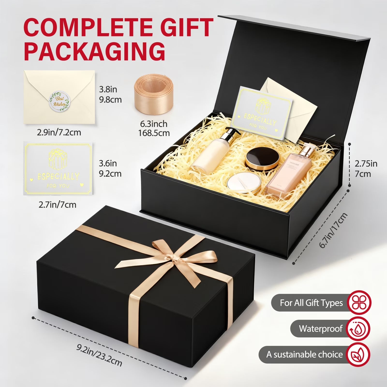 Elegant Black Gift Boxes for Special Occasions, Magnetic Lid Boxes with Ribbon for Mother's Day and Weddings (9.2 x 6.7 x 2.75 Inches)