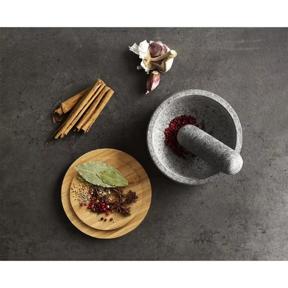 Heavy-Duty Natural Granite Mortar and Pestle Set with Bamboo Lid - 5 Inch, Dust-Free Design in Gray