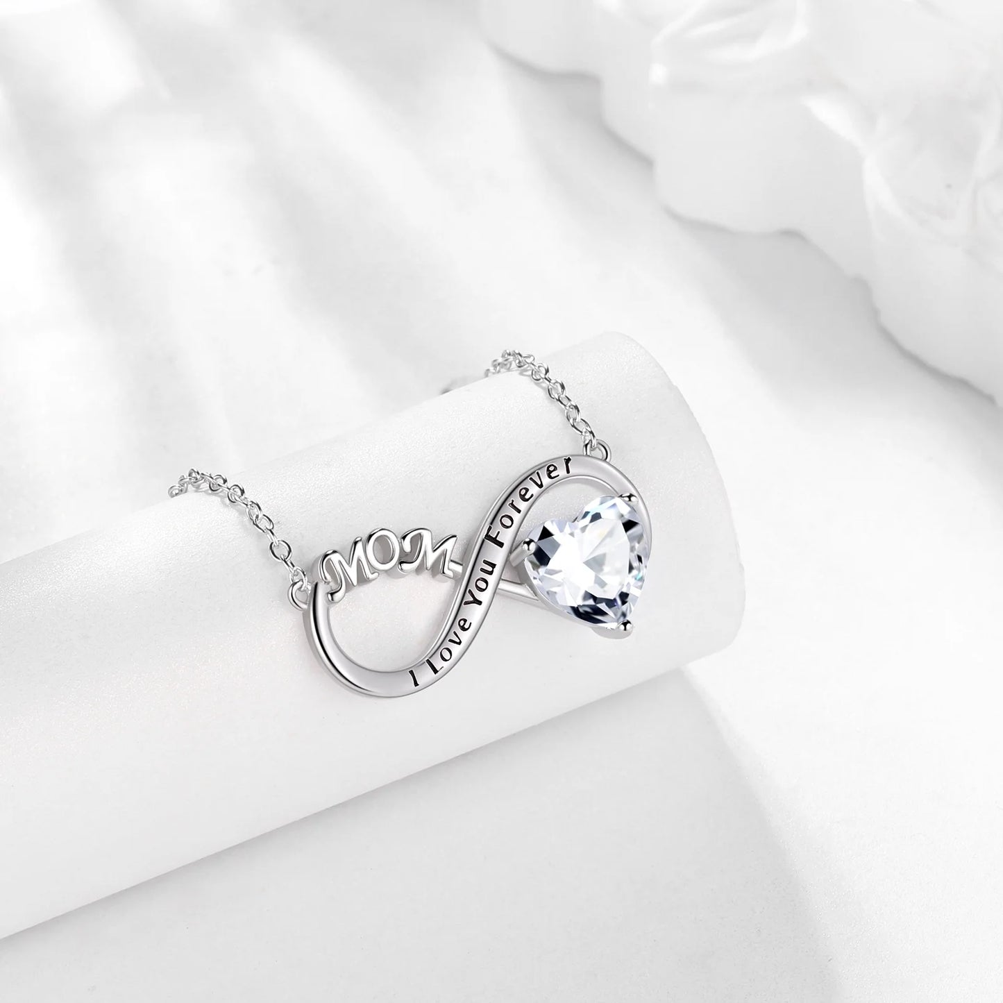 Infinity Heart Necklace for Mom with April Birthstone and White Diamond Pendant, 925 Sterling Silver Jewelry, Birthday Gifts for Women, Mother's Day Gift