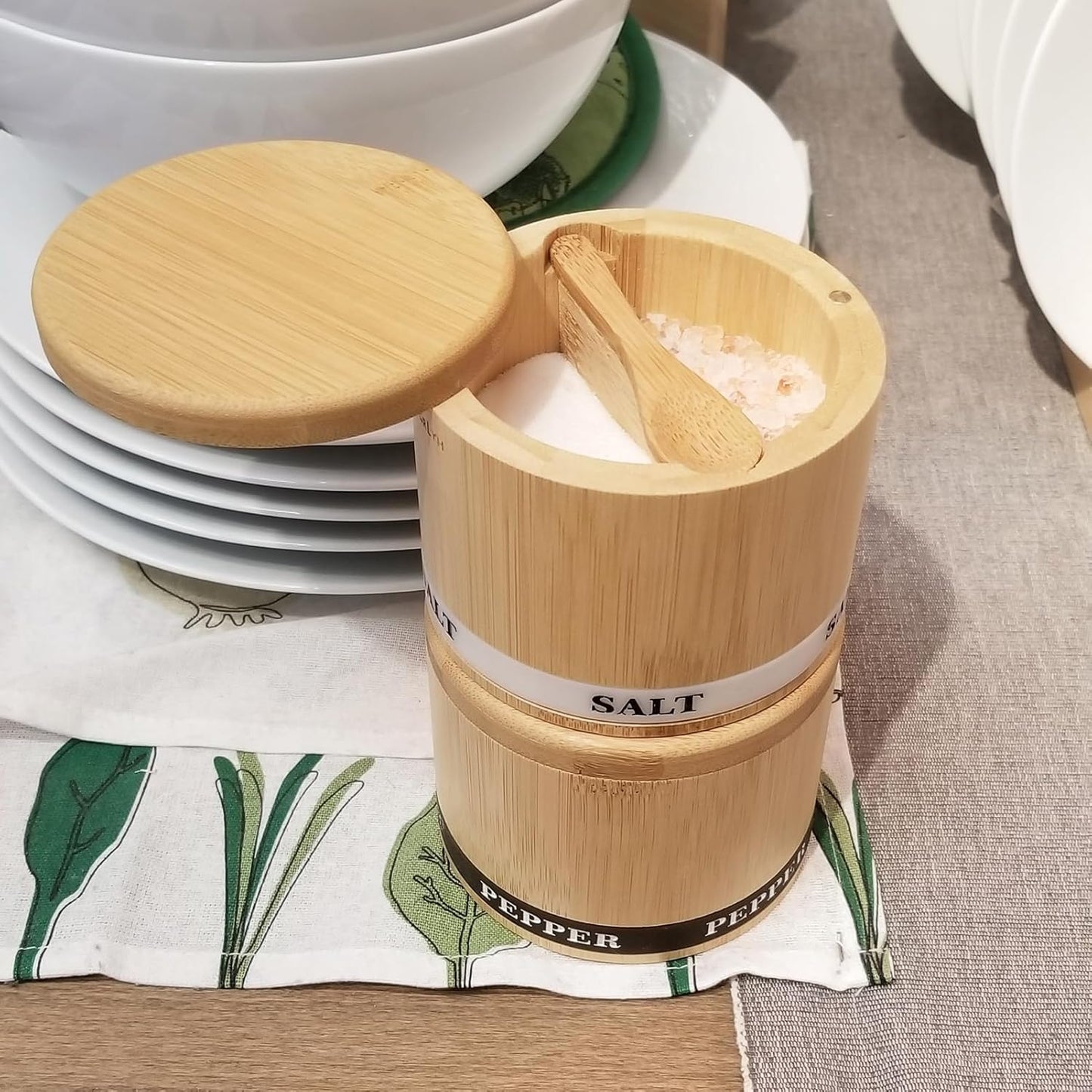 Bamboo Salt and Pepper Container with Swivel Lid and Dual Spoons - 13 oz
