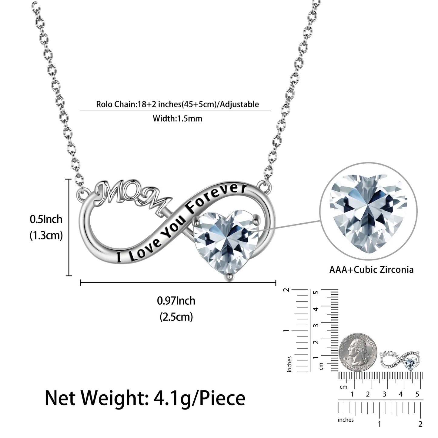 Infinity Heart Necklace for Mom with April Birthstone and White Diamond Pendant, 925 Sterling Silver Jewelry, Birthday Gifts for Women, Mother's Day Gift