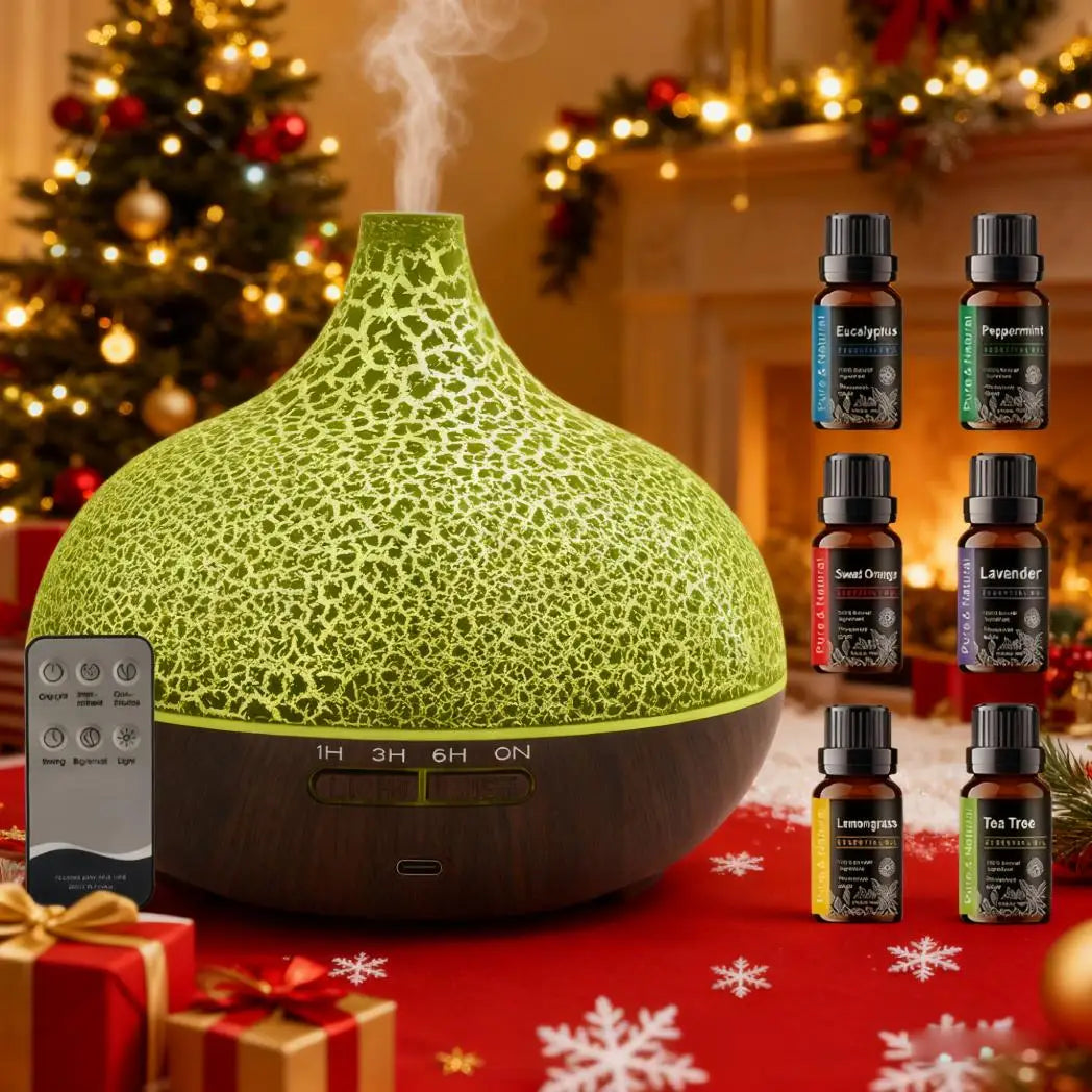 550ml Ultrasonic Essential Oil Diffuser and Humidifier with Wood Grain Finish, Remote Control, LED Flame Night Light, and Timer Function