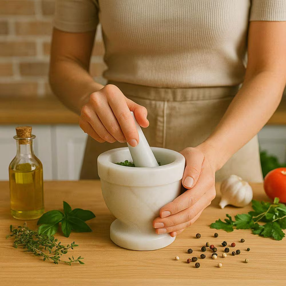 Natural Off-White Marble Mortar and Pestle Set for Herb and Spice Grinding