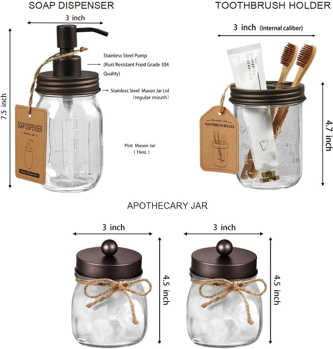 Mason Jar Bathroom Accessories Set (4 Pcs) - Lotion Soap Dispenser & 2 Cotton Swab Holder & Toothbrush Holder-Rustic Farmhouse Decor, Countertop Vanity Organize, Bathroom Home Decor (Bronze)