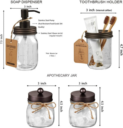 Mason Jar Bathroom Accessories Set (4 Pcs) - Lotion Soap Dispenser & 2 Cotton Swab Holder & Toothbrush Holder-Rustic Farmhouse Decor, Countertop Vanity Organize, Bathroom Home Decor (Bronze)