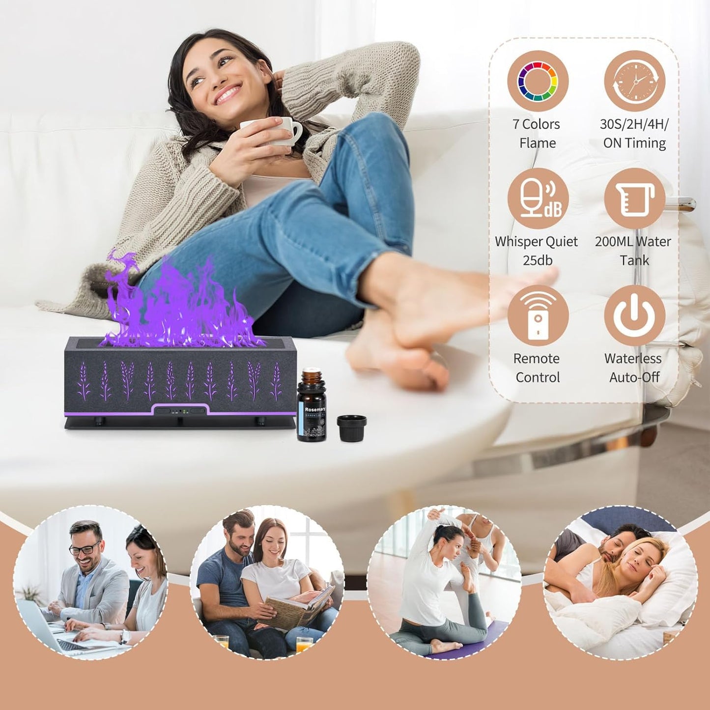 7-Color Essential Oil Diffuser with 6 Essential Oils Gift Set, 200ML Aromatherapy Diffuser for Home, Large Rooms, Bedrooms, and Offices (Gray)