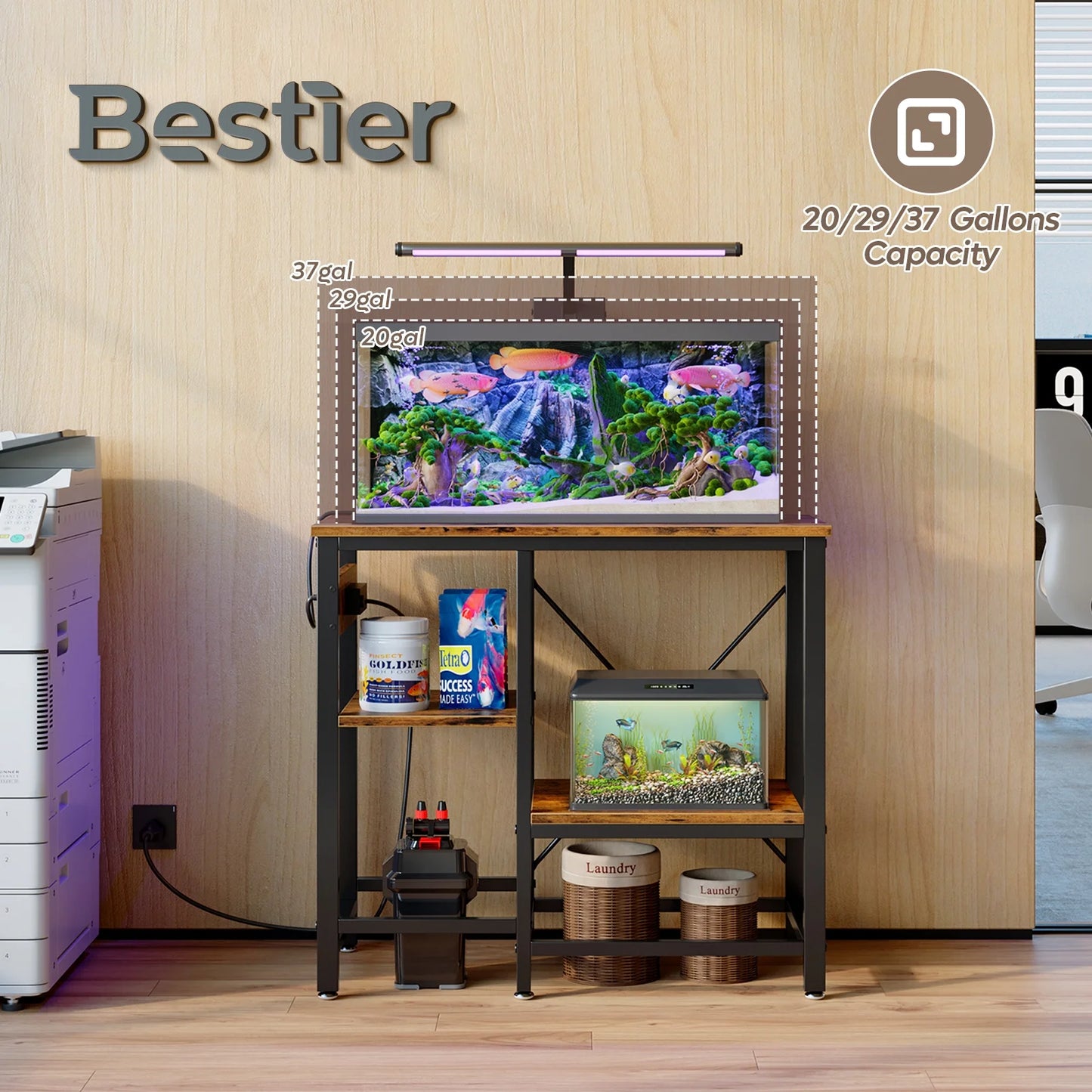 20-29-37 Gallon Fish Tank Stand with Power Outlets, 3-Tier Heavy Duty Metal Aquarium Stand Reversible Storage Shelf