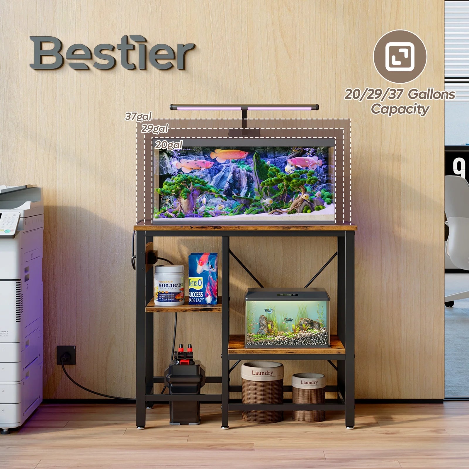 20-29-37 Gallon Fish Tank Stand with Power Outlets, 3-Tier Heavy Duty Metal Aquarium Stand Reversible Storage Shelf