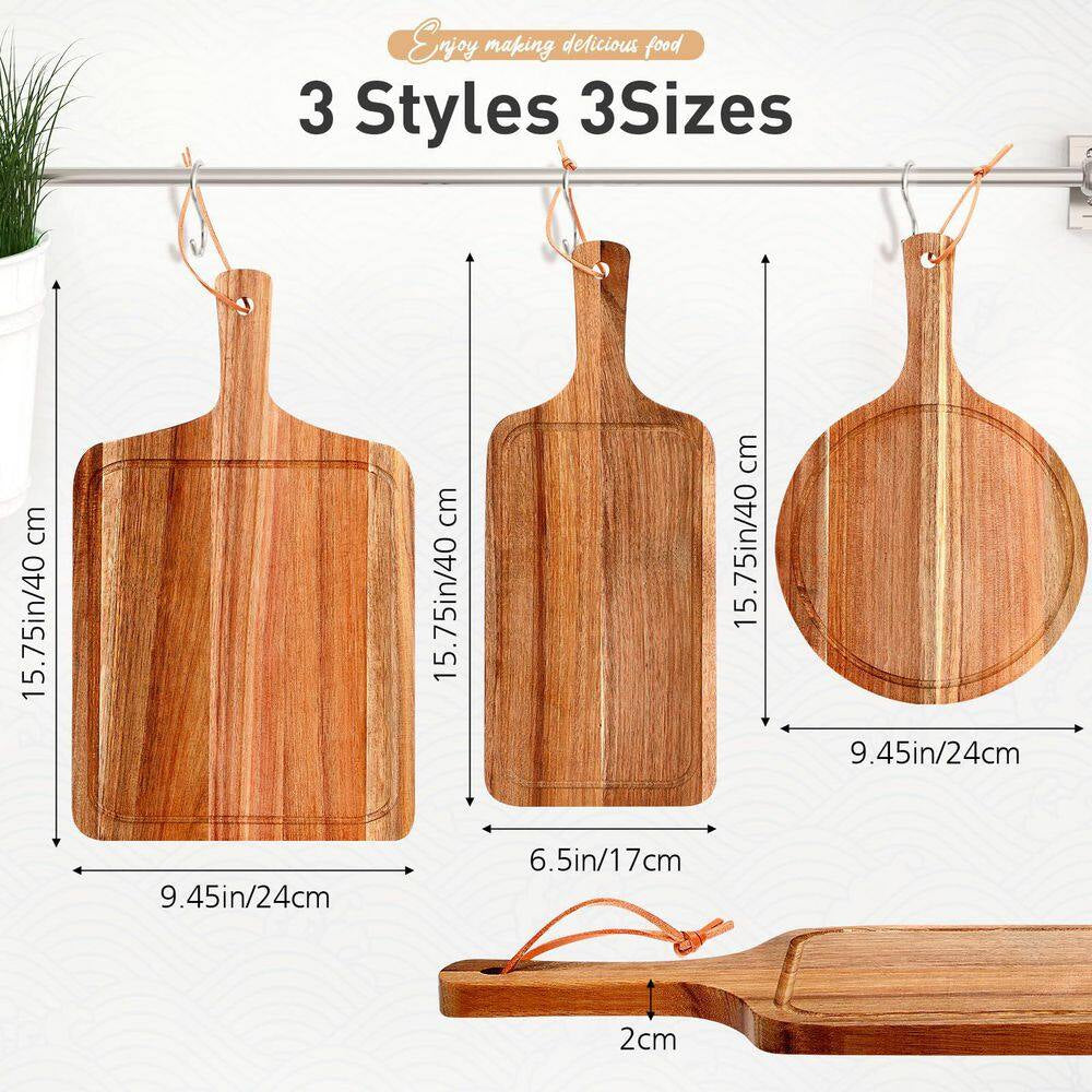 Acacia Wood Cutting Board Set - 3-Piece with Handle and Juice Groove