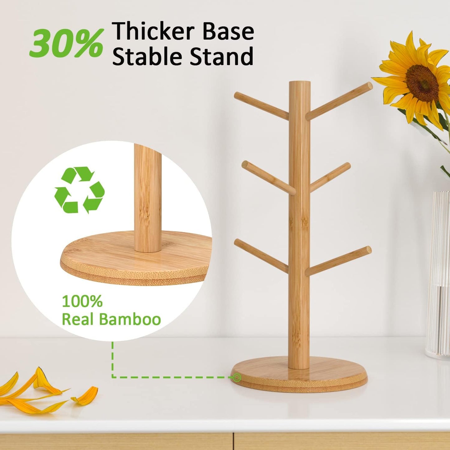 Bamboo Coffee Mug Tree with Enhanced Stability - Countertop Stand Featuring 6 Hooks
