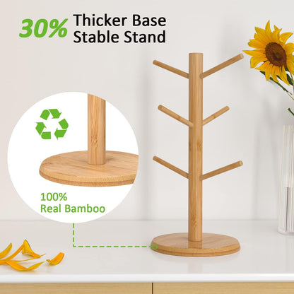 Bamboo Coffee Mug Tree with Enhanced Stability - Countertop Stand Featuring 6 Hooks