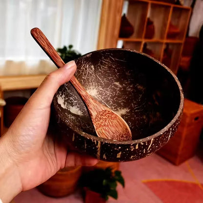 Natural Coconut Bowl Set for Salads and Smoothies with Wooden Ramen Bowls and Spoons - Eco-Friendly Kitchen Tableware
