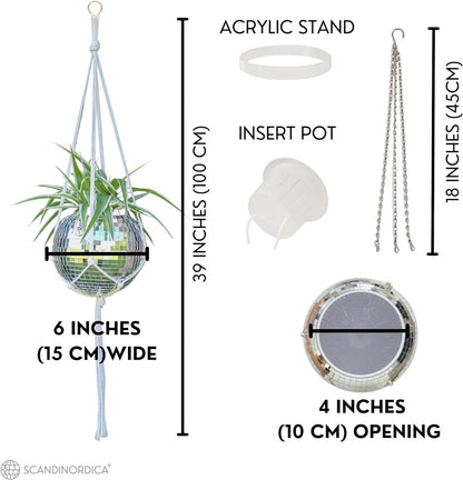 Disco Ball Planter Value Package: 6-Inch Silver Mirror Planter with Chain, Macrame Hanger, Acrylic Stand, and Self-Watering Insert for Desk Decor