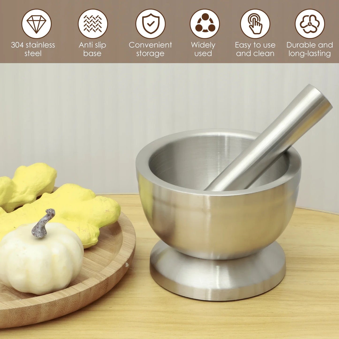 Stainless Steel Mortar and Pestle Set - Efficient Spice Crusher with Silicone Lid and Anti-Slip Base, Rustproof Pill Crusher for Grinding Herbs and Seasonings in the Kitchen