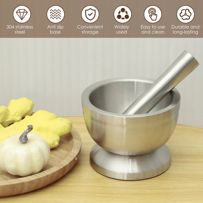Stainless Steel Mortar and Pestle Set - Efficient Spice Crusher with Silicone Lid and Anti-Slip Base, Rustproof Pill Crusher for Grinding Herbs and Seasonings in the Kitchen
