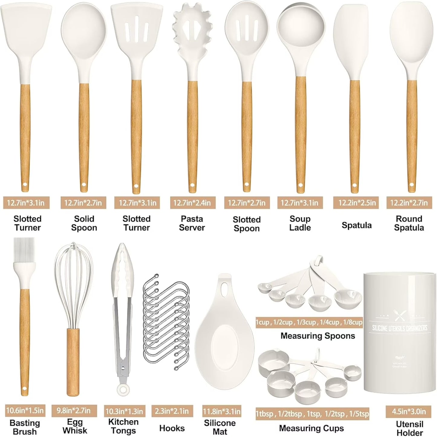 33-Piece Non-Stick Silicone Kitchen Utensil Set with Wooden Handles and Holder (Cream White)