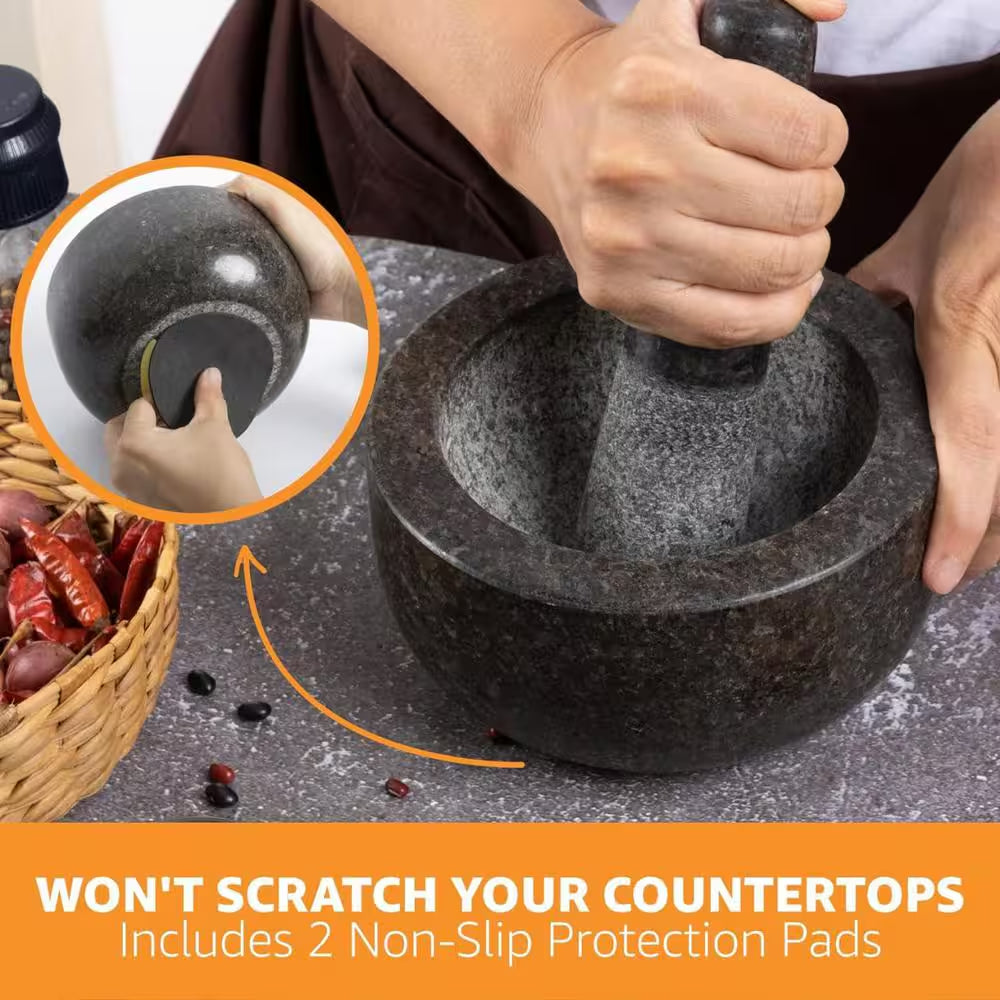 Granite Essentials Black Granite Mortar and Pestle Set with Anti-Slip Base for Culinary Mastery, Herb Crushing, and Spice Grinding