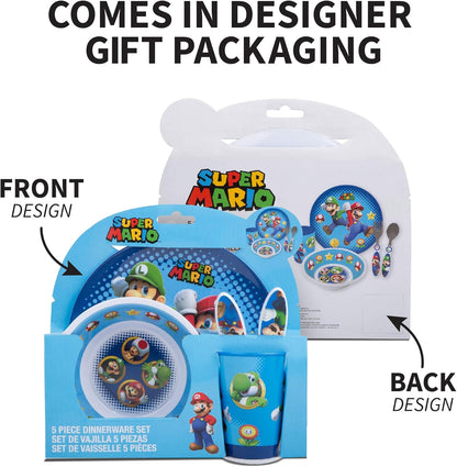 Super Mario Kids Dinnerware Set - Fun 5 Piece Mealtime Kitchen Set for Little Gamers