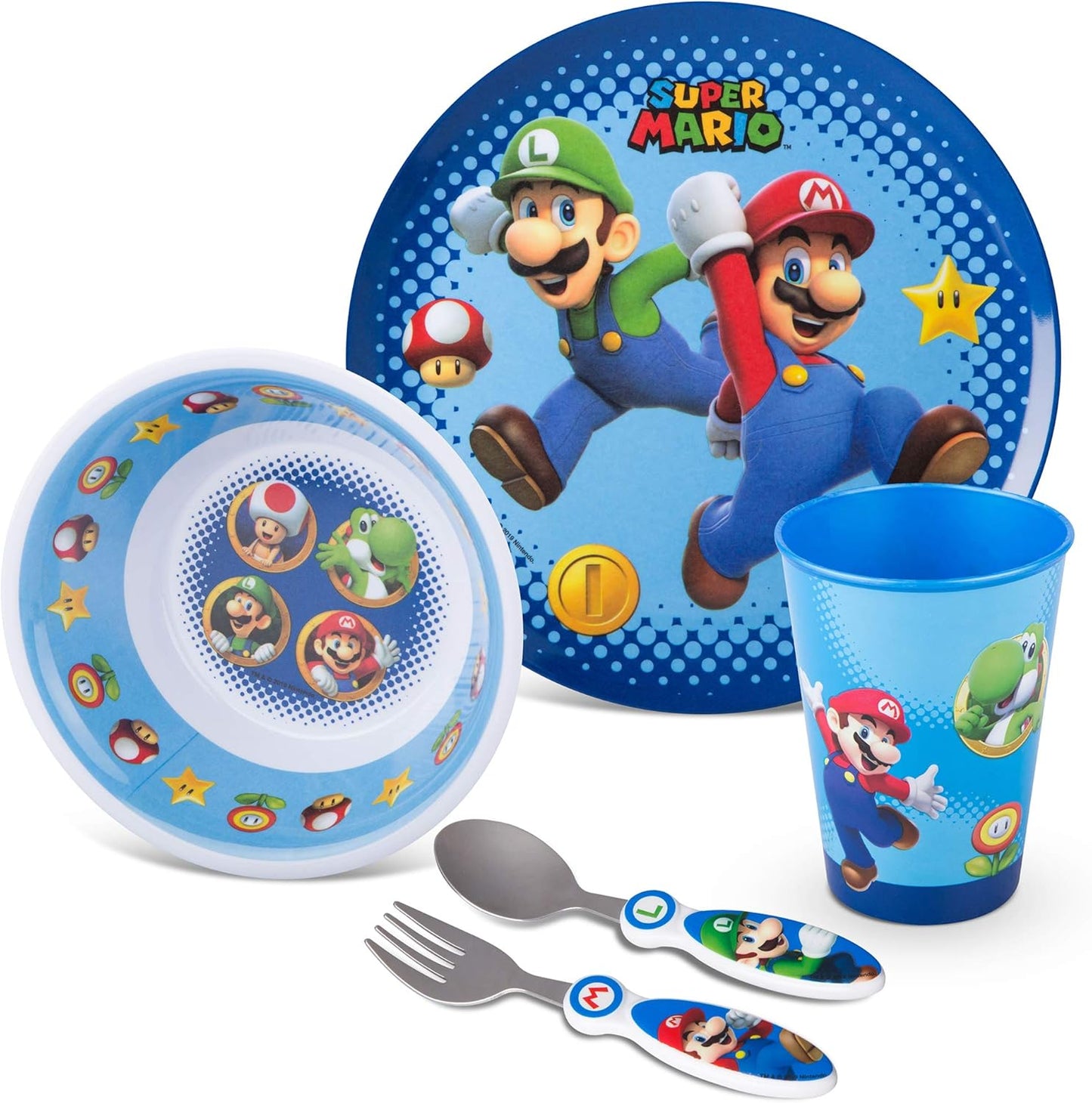 Super Mario Kids Dinnerware Set - Fun 5 Piece Mealtime Kitchen Set for Little Gamers