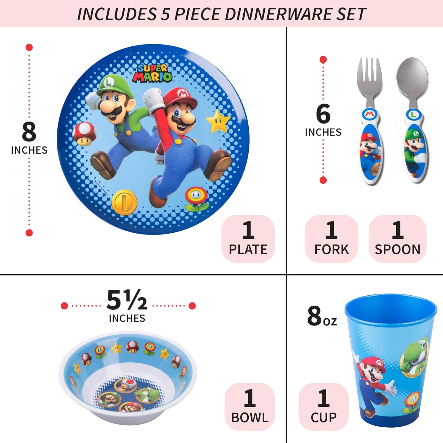 Super Mario Kids Dinnerware Set - Fun 5 Piece Mealtime Kitchen Set for Little Gamers