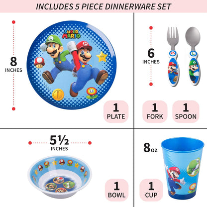 Super Mario Kids Dinnerware Set - Fun 5 Piece Mealtime Kitchen Set for Little Gamers