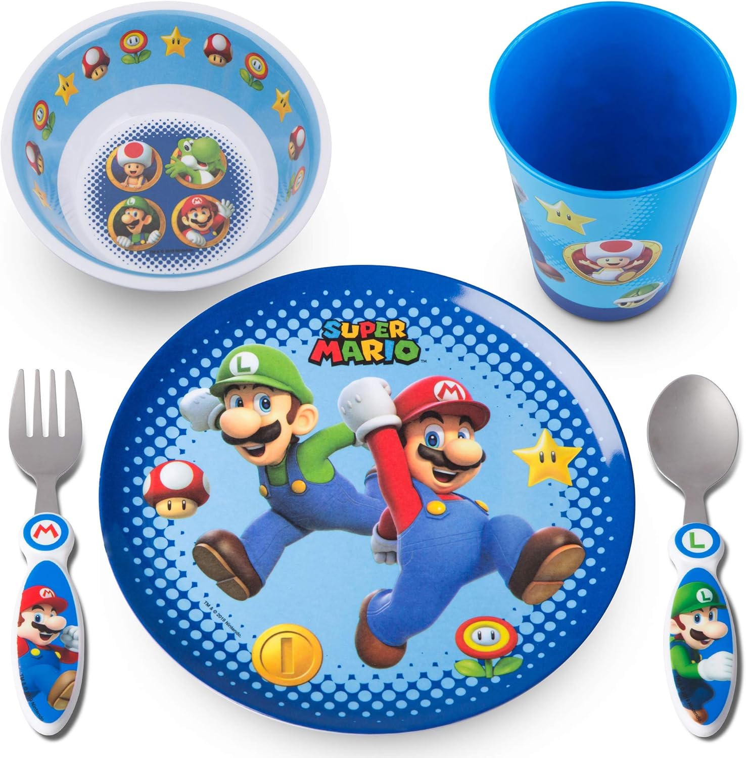 Super Mario Kids Dinnerware Set - Fun 5 Piece Mealtime Kitchen Set for Little Gamers