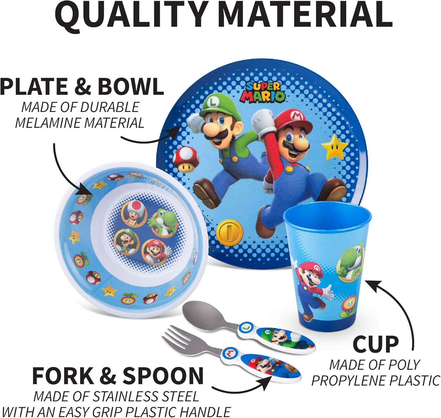 Super Mario Kids Dinnerware Set - Fun 5 Piece Mealtime Kitchen Set for Little Gamers