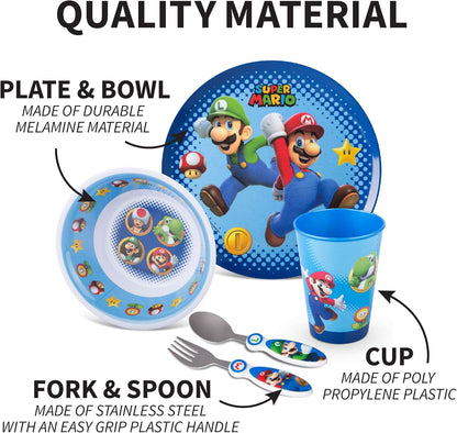 Super Mario Kids Dinnerware Set - Fun 5 Piece Mealtime Kitchen Set for Little Gamers