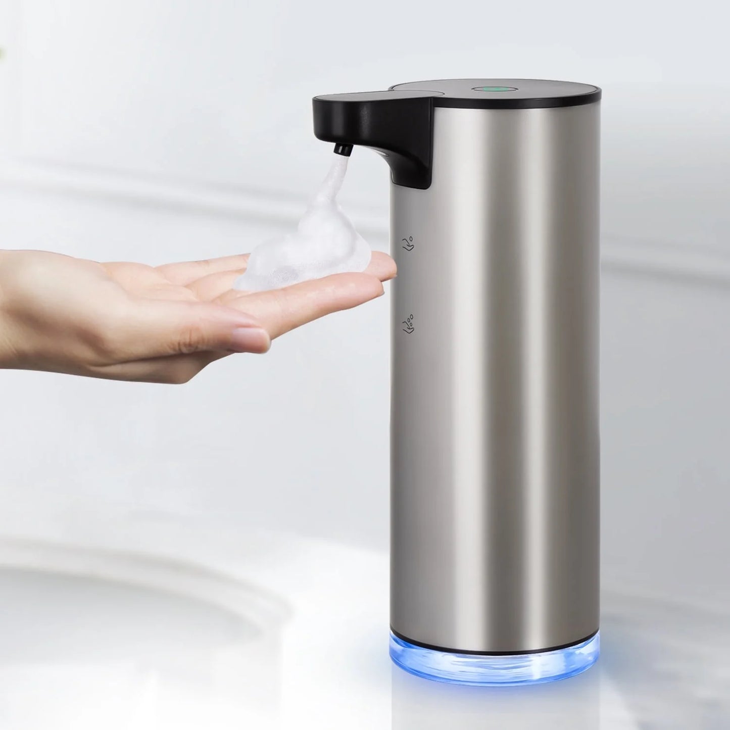Soap Dispenser, Rechargeable Automatic Soap Dispenser Stainless Steel Touchless Foaming Soap Dispenser for Bathroom Auto Hand Soap Dispenser for Kitchen, Silver, Xmas Gift,9Oz