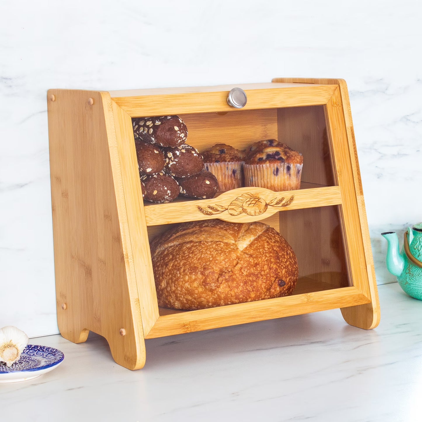 Double-Layer Bamboo Bread Box with Window in Farmhouse Style
