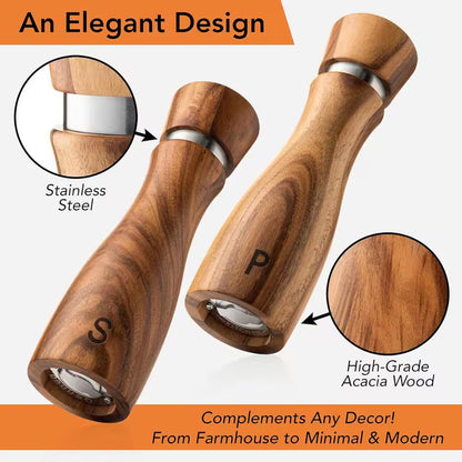 Acacia Wood Salt and Pepper Grinder Set with Adjustable Mills and Ceramic/Stainless Steel Core, 8 Inches
