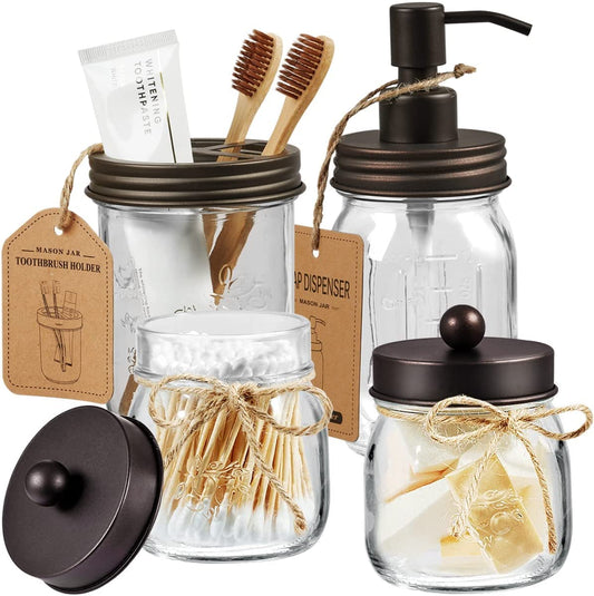 Mason Jar Bathroom Accessories Set (4 Pcs) - Lotion Soap Dispenser & 2 Cotton Swab Holder & Toothbrush Holder-Rustic Farmhouse Decor, Countertop Vanity Organize, Bathroom Home Decor (Bronze)