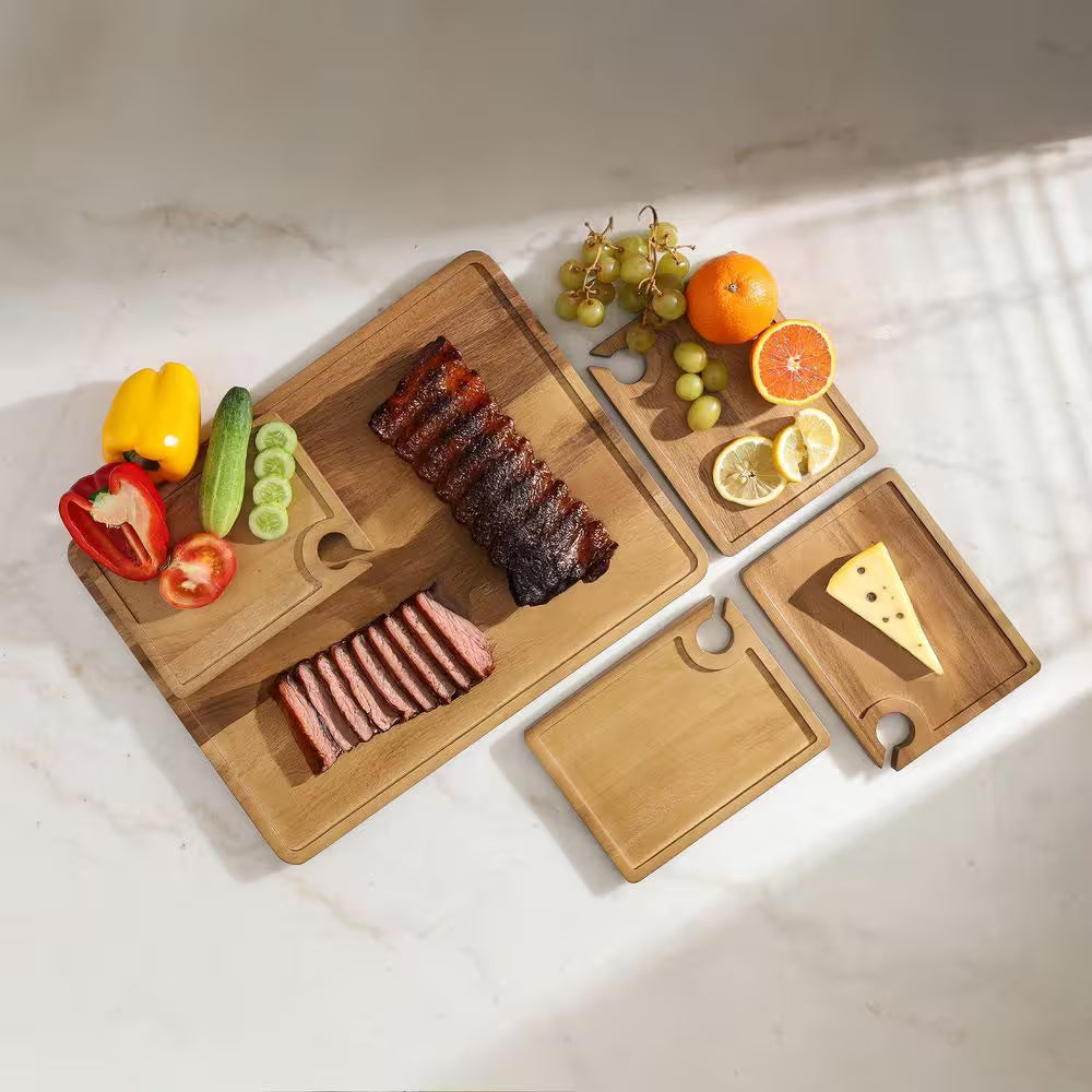 Atelier Acacia Wood 5-Piece Wine and Appetizer Plate Set with Serving Tray - Natural Brown Charcuterie and Cheese Board