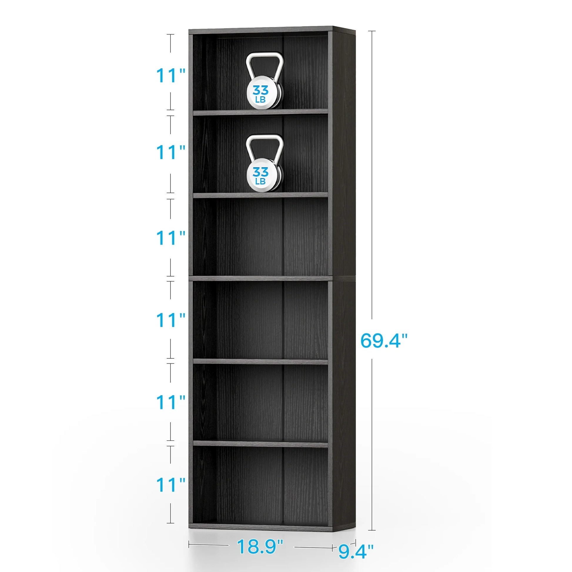 Tall 6-Tier Bookcase, Space-Saving Display Shelf for Living Room, Bedroom, and Home Office in Black