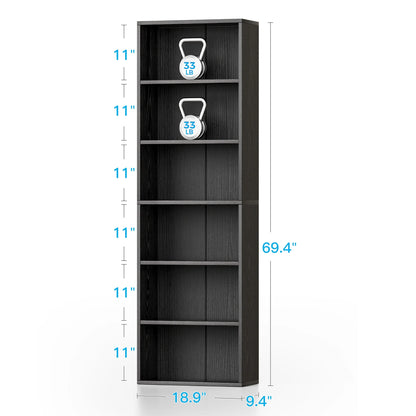 Tall 6-Tier Bookcase, Space-Saving Display Shelf for Living Room, Bedroom, and Home Office in Black