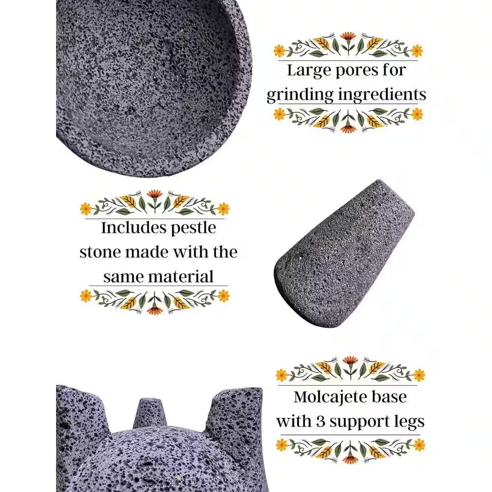 7-Inch Gray Lava Stone Mortar and Pestle Set for Crushing and Grinding Spices with Easy-to-Follow Instruction Card