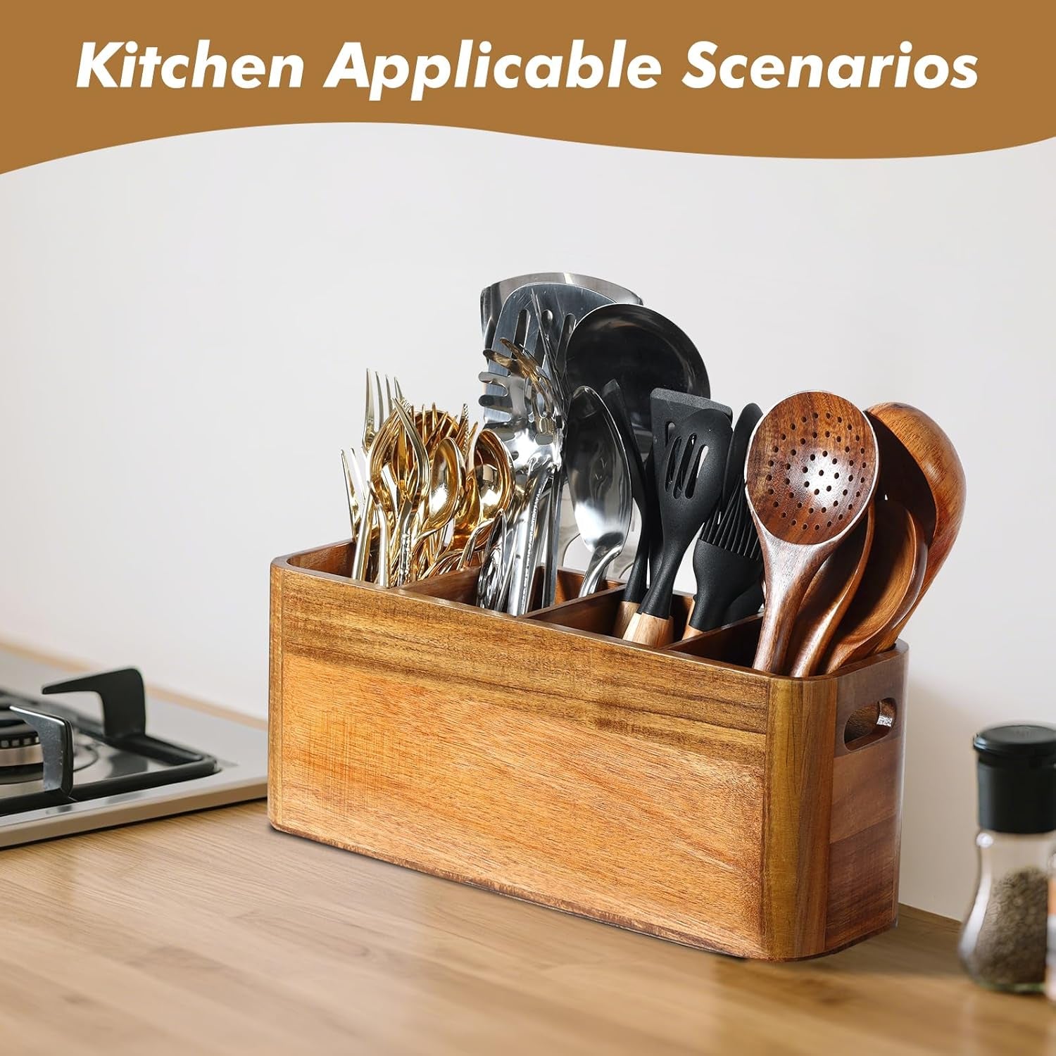 Extra Large Acacia Wood Kitchen Utensil Holder with 4 Compartments - Sturdy Organizer for Cooking Tools and Silverware, Rustic Minimalist Design