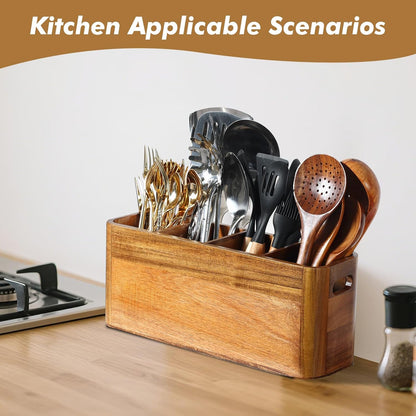Extra Large Acacia Wood Kitchen Utensil Holder with 4 Compartments - Sturdy Organizer for Cooking Tools and Silverware, Rustic Minimalist Design