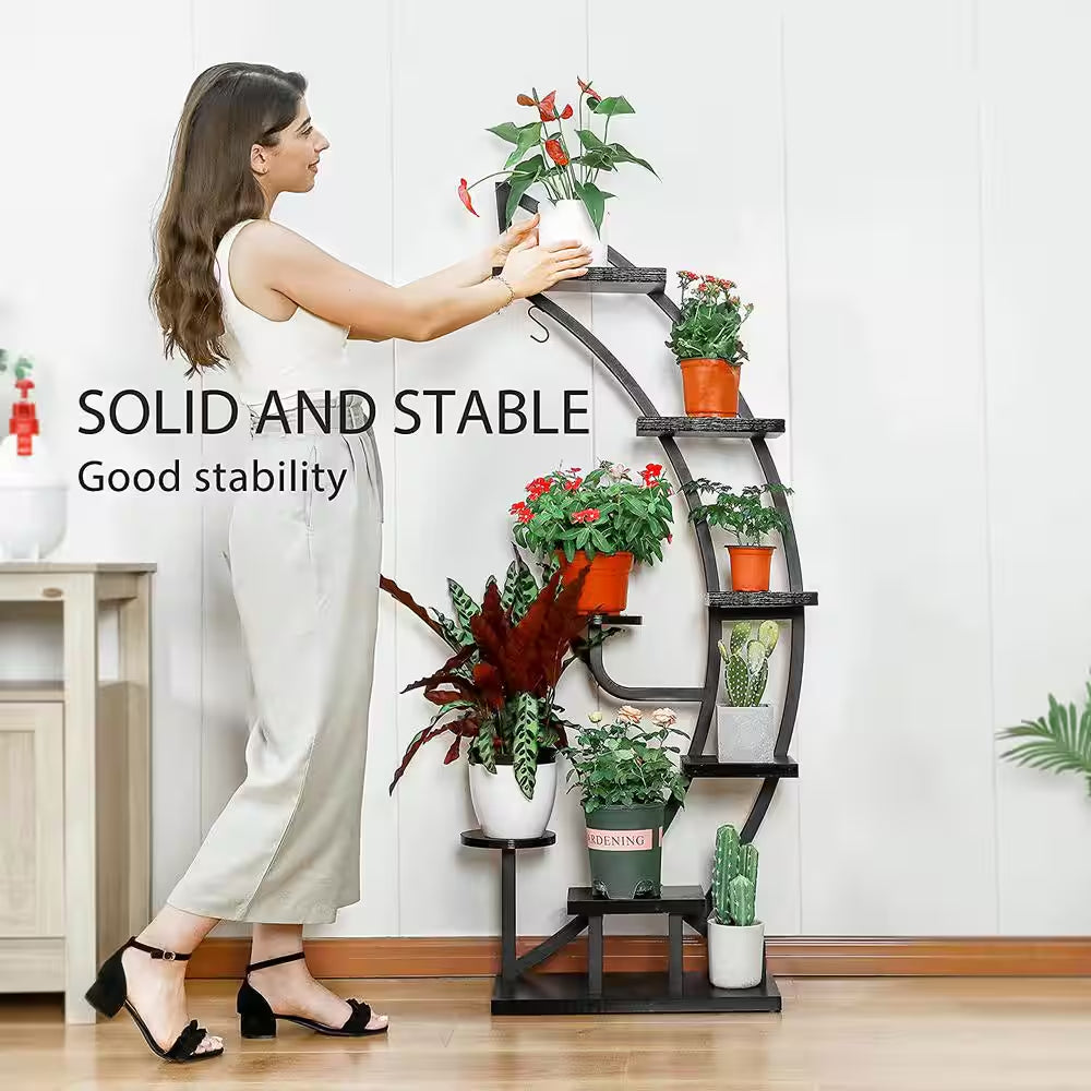 6-Tier 9 Potted Steel-Wood Curved Plant Stand with Hanger in Black