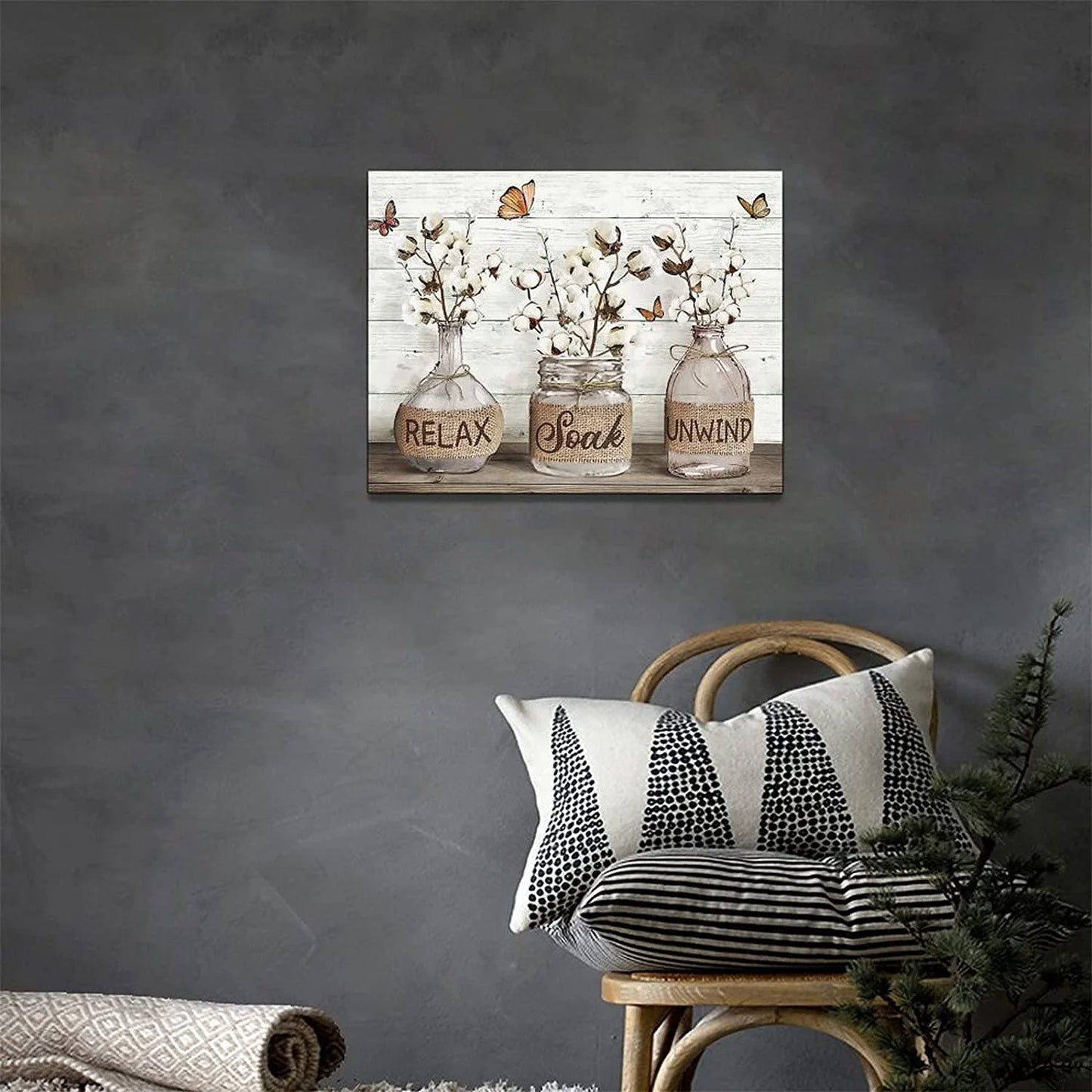 Farmhouse Bathroom Decor Wall Art Rustic Cotton Bathroom Pictures Canvas Print Country Bathroom Relax Soak Unwind Sign Artwork Modern Home Decor for Bathroom Framed Ready to Hang 12"X16"