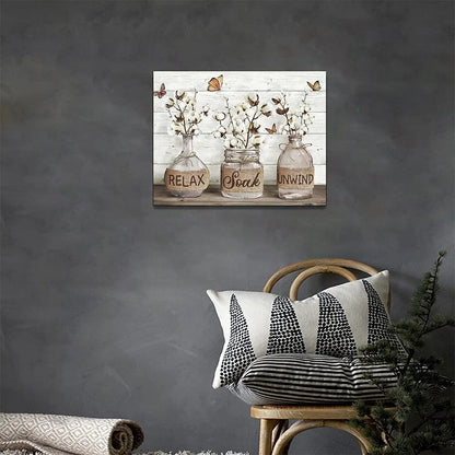 Farmhouse Bathroom Decor Wall Art Rustic Cotton Bathroom Pictures Canvas Print Country Bathroom Relax Soak Unwind Sign Artwork Modern Home Decor for Bathroom Framed Ready to Hang 12"X16"