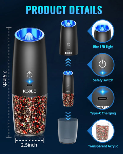 Rechargeable Electric Gravity Salt and Pepper Mill Set - No Batteries Required, Black
