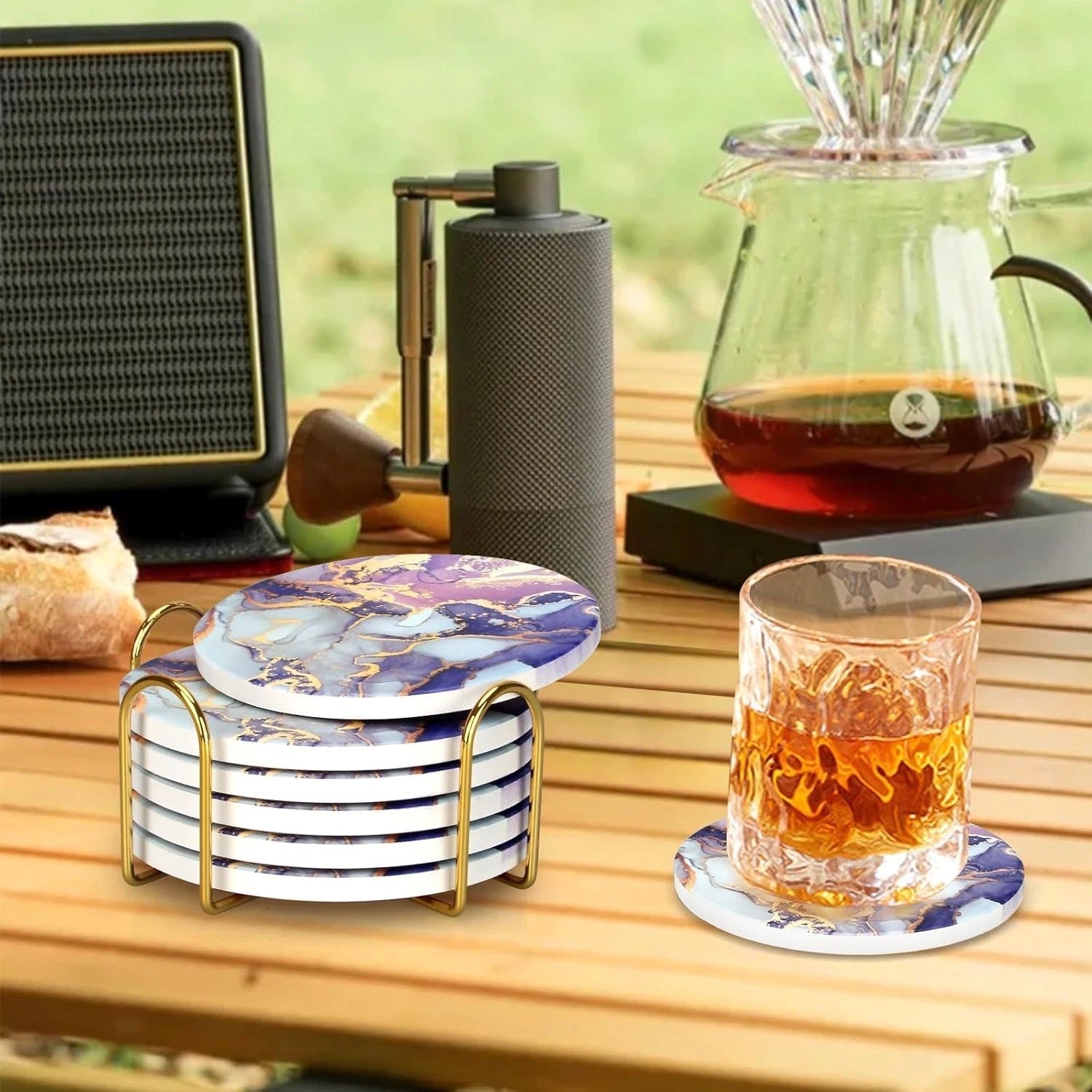Purple Agate Coaster Set with Holder - Modern Marble Coasters, Set of 6
