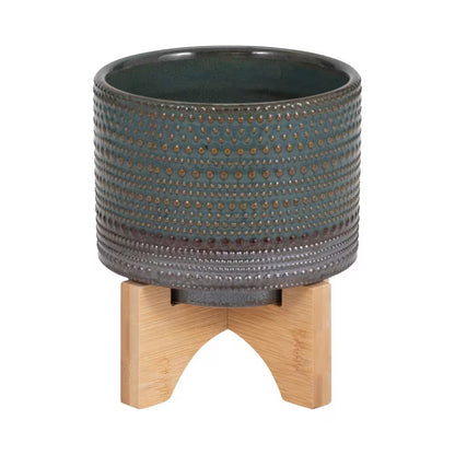 6-Inch Green and Brown Ceramic Planter with Bamboo Stand