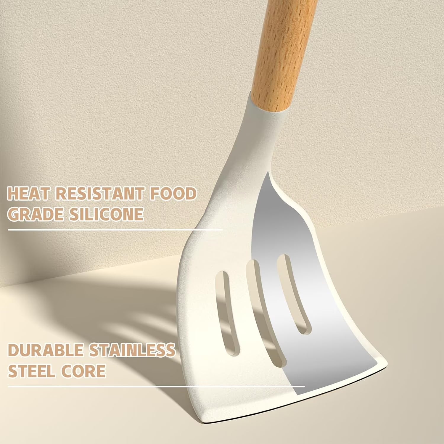 33-Piece Non-Stick Silicone Kitchen Utensil Set with Wooden Handles and Holder (Cream White)