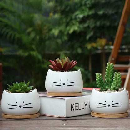 Set of 3 White Ceramic Cat Succulent Window Boxes for Indoor and Outdoor Use, 3.2" L x 3.2" W x 2.66" H