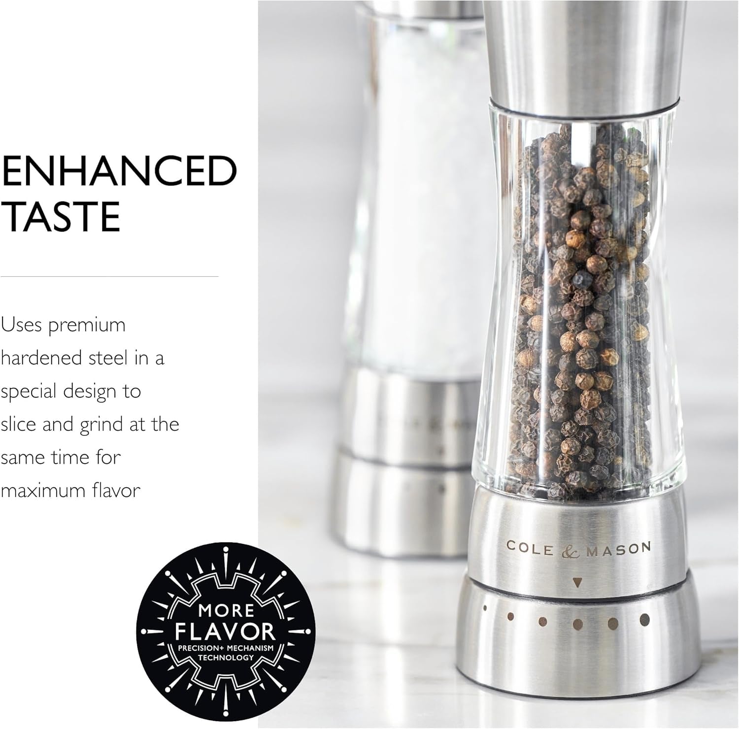 Cole & Mason Derwent Stainless Steel Salt and Pepper Grinder Set with Precision Mechanisms and Premium Sea Salt and Peppercorns