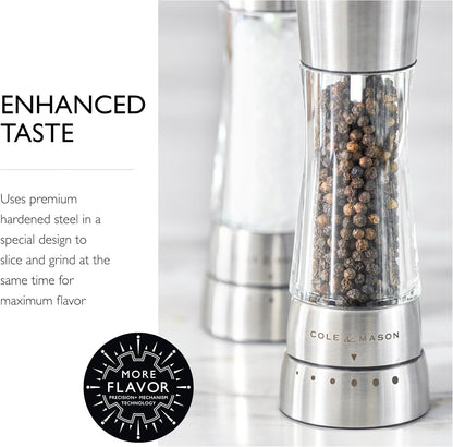 Cole & Mason Derwent Stainless Steel Salt and Pepper Grinder Set with Precision Mechanisms and Premium Sea Salt and Peppercorns