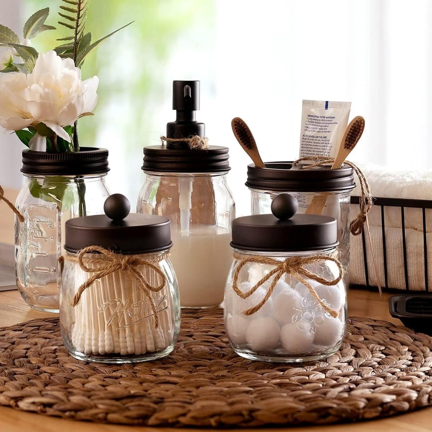 Mason Jar Bathroom Accessories Set (4 Pcs) - Lotion Soap Dispenser & 2 Cotton Swab Holder & Toothbrush Holder-Rustic Farmhouse Decor, Countertop Vanity Organize, Bathroom Home Decor (Bronze)